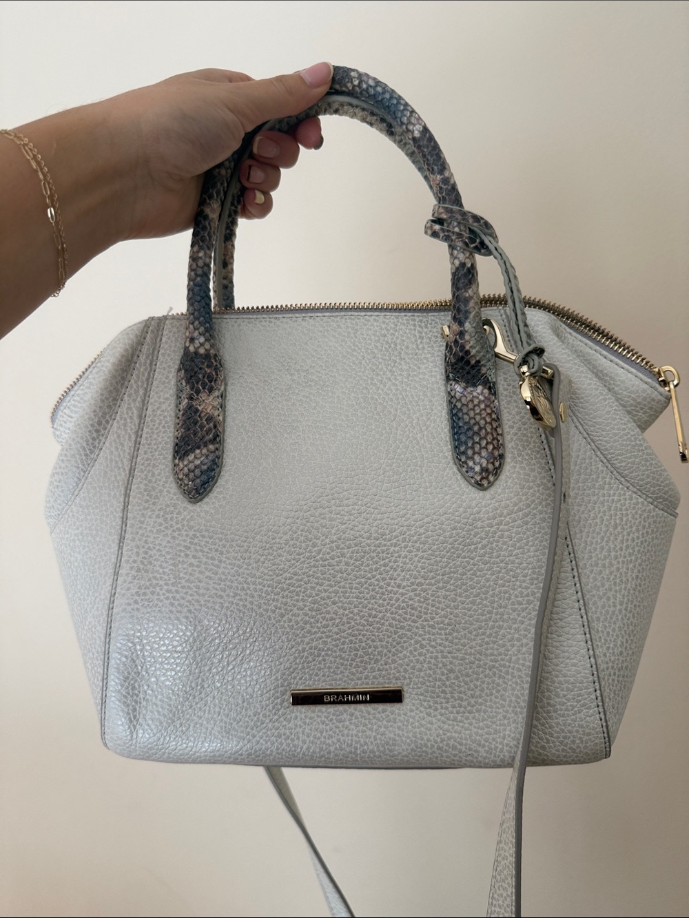 Brahmin Light Gray Pebbled Leather Satchel with Snake-Print Handles